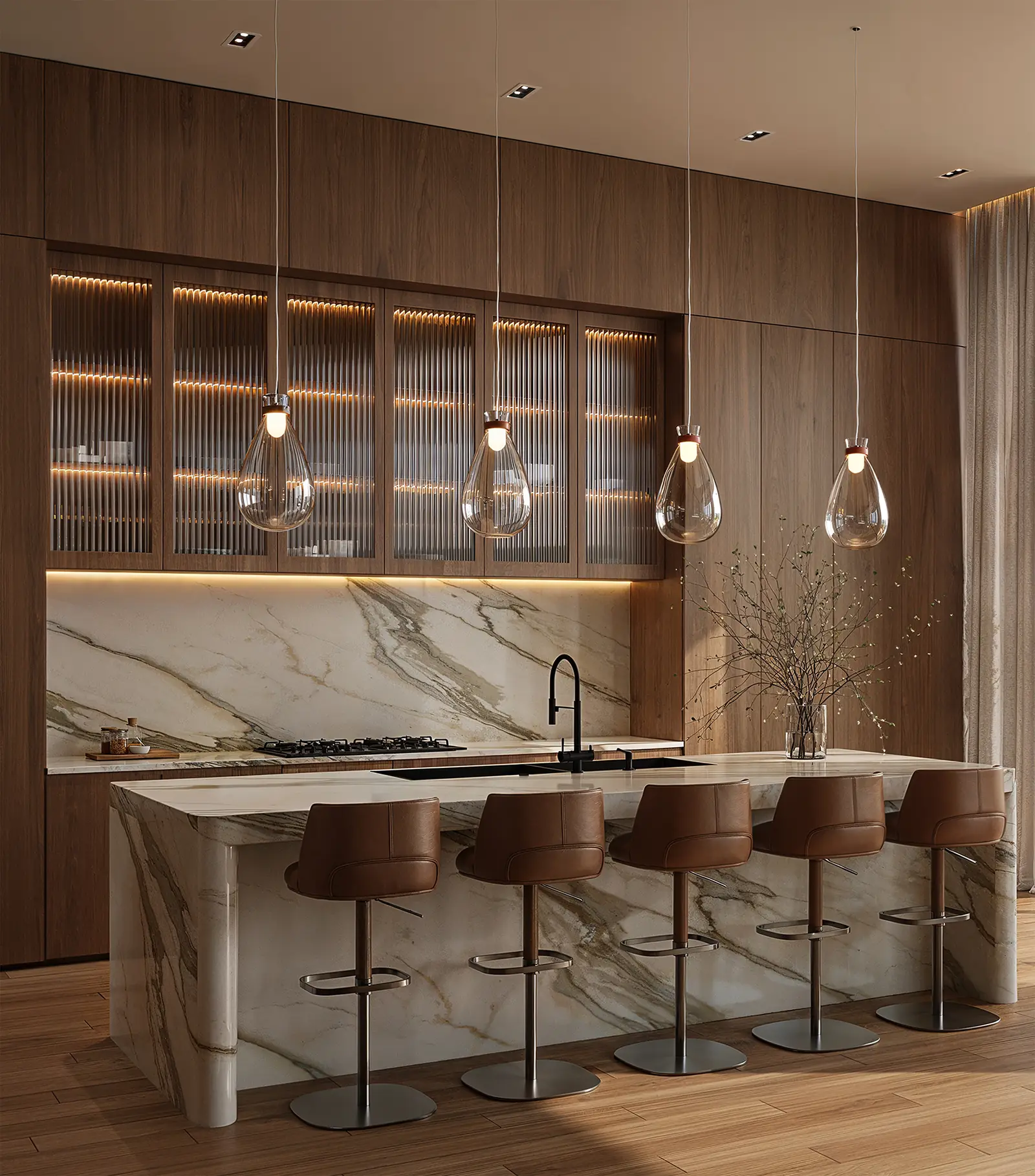Marble and timber kitchen with pendant lighting and bar seating