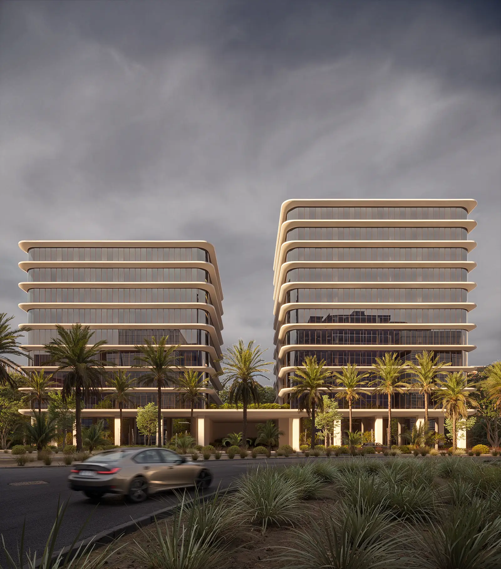 Contemporary residential towers with palms and street view