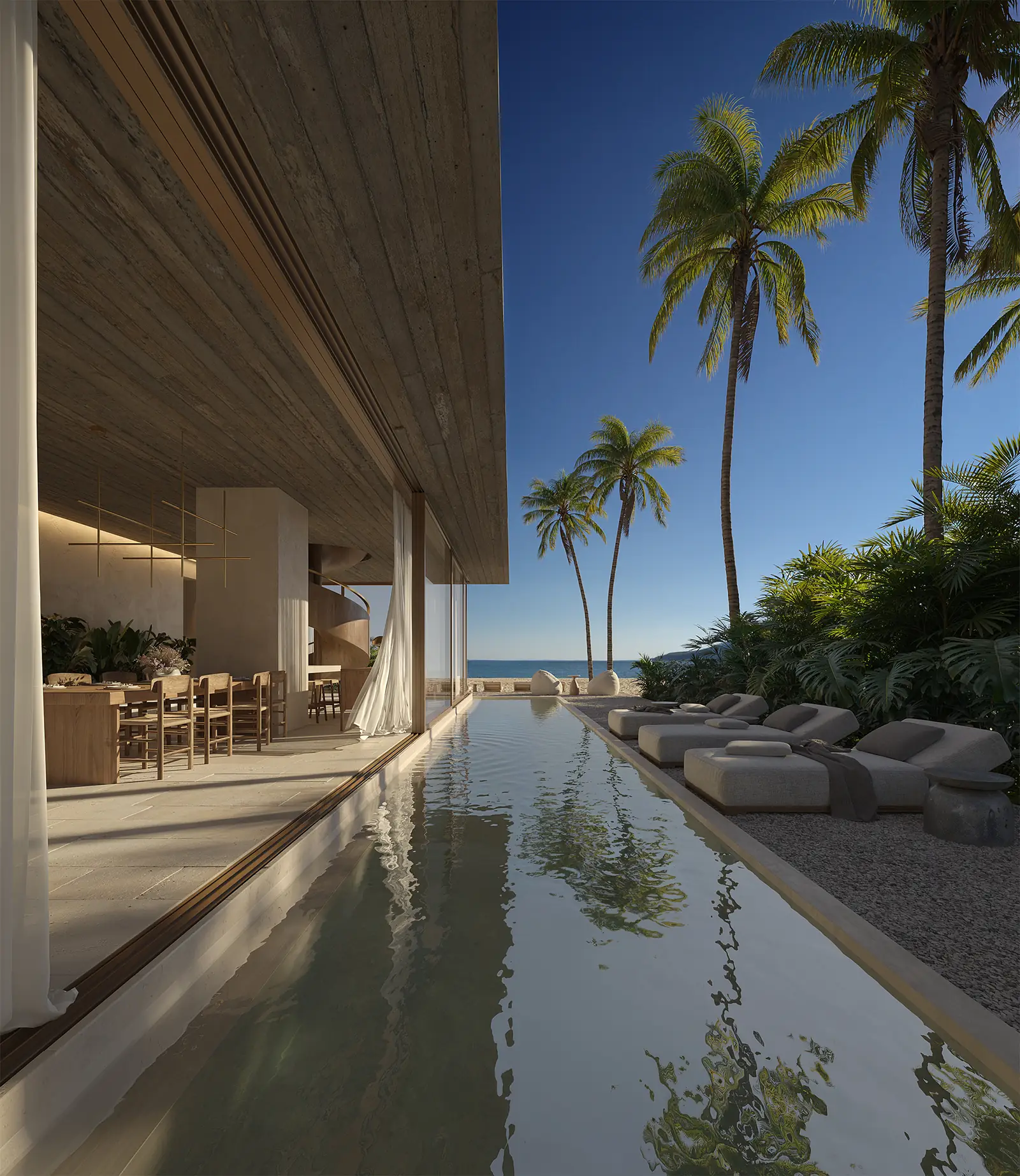 Pool terrace with palms, ocean view and indoor outdoor living area