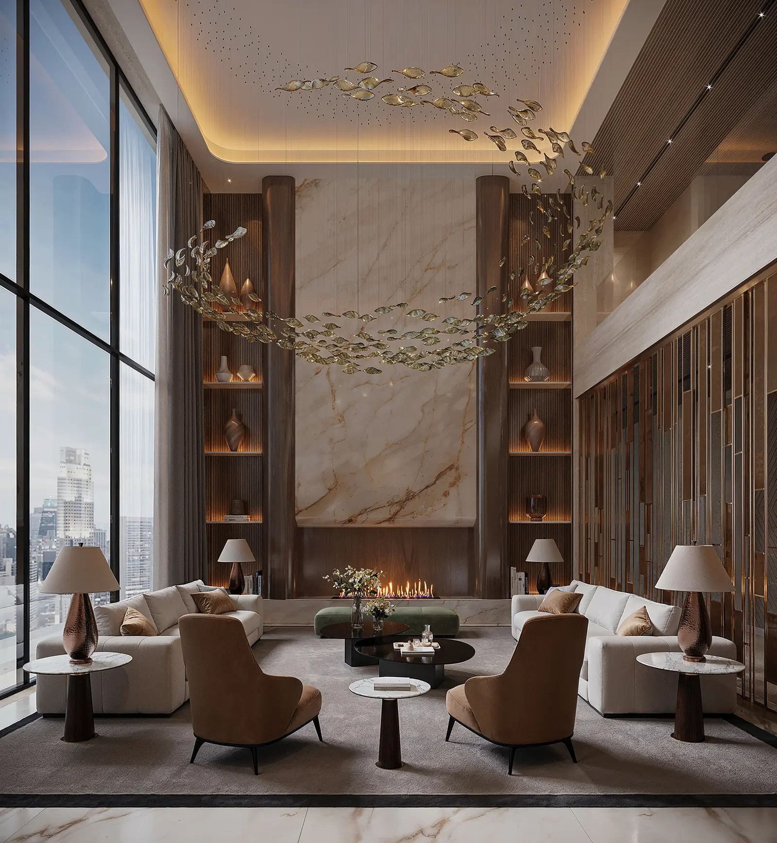 Double-height lounge with fireplace, city view and suspended art installation