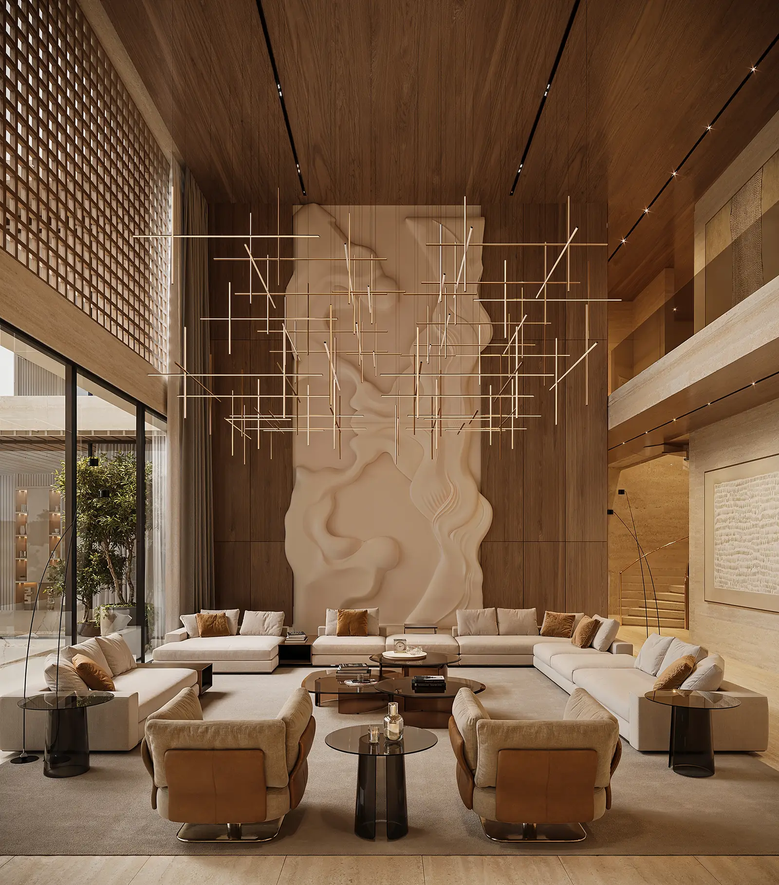 Large living room with timber wall, sculptural light feature and lounge seating