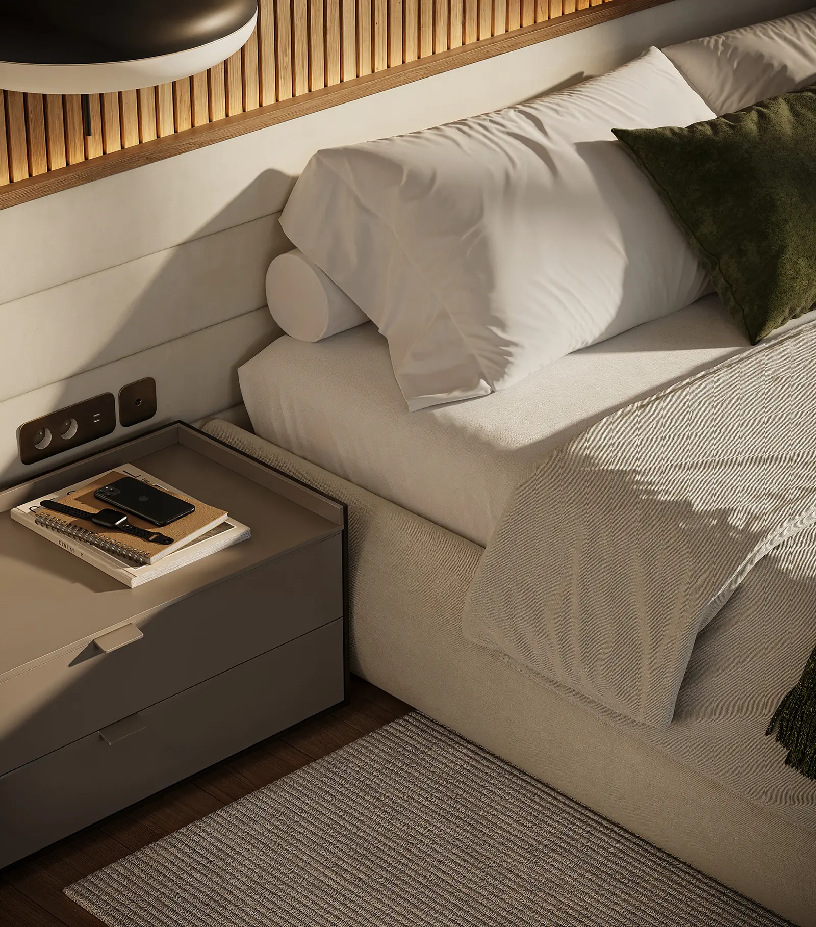 Bedroom detail with bedside table, linen bedding and timber wall lighting