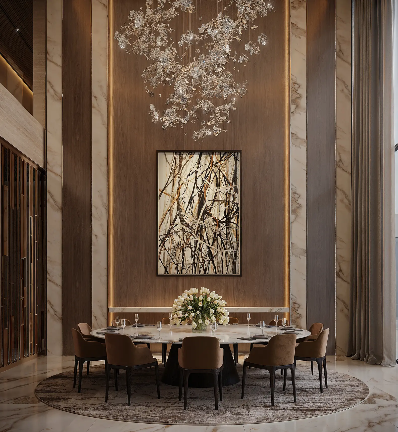 Tall dining room with round table, marble walls and hanging crystal installation