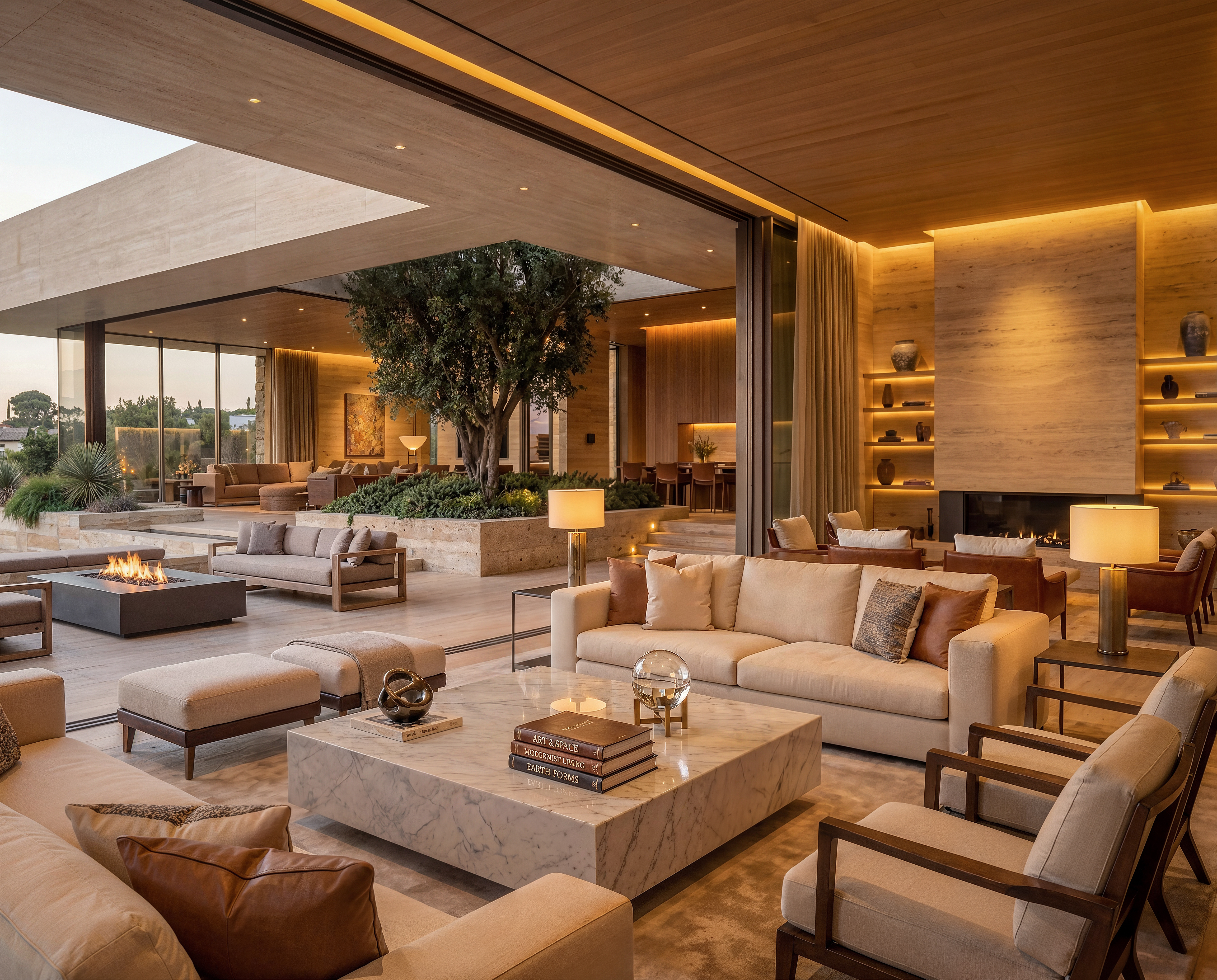 Indoor outdoor living room with warm lighting, courtyard tree and fire feature