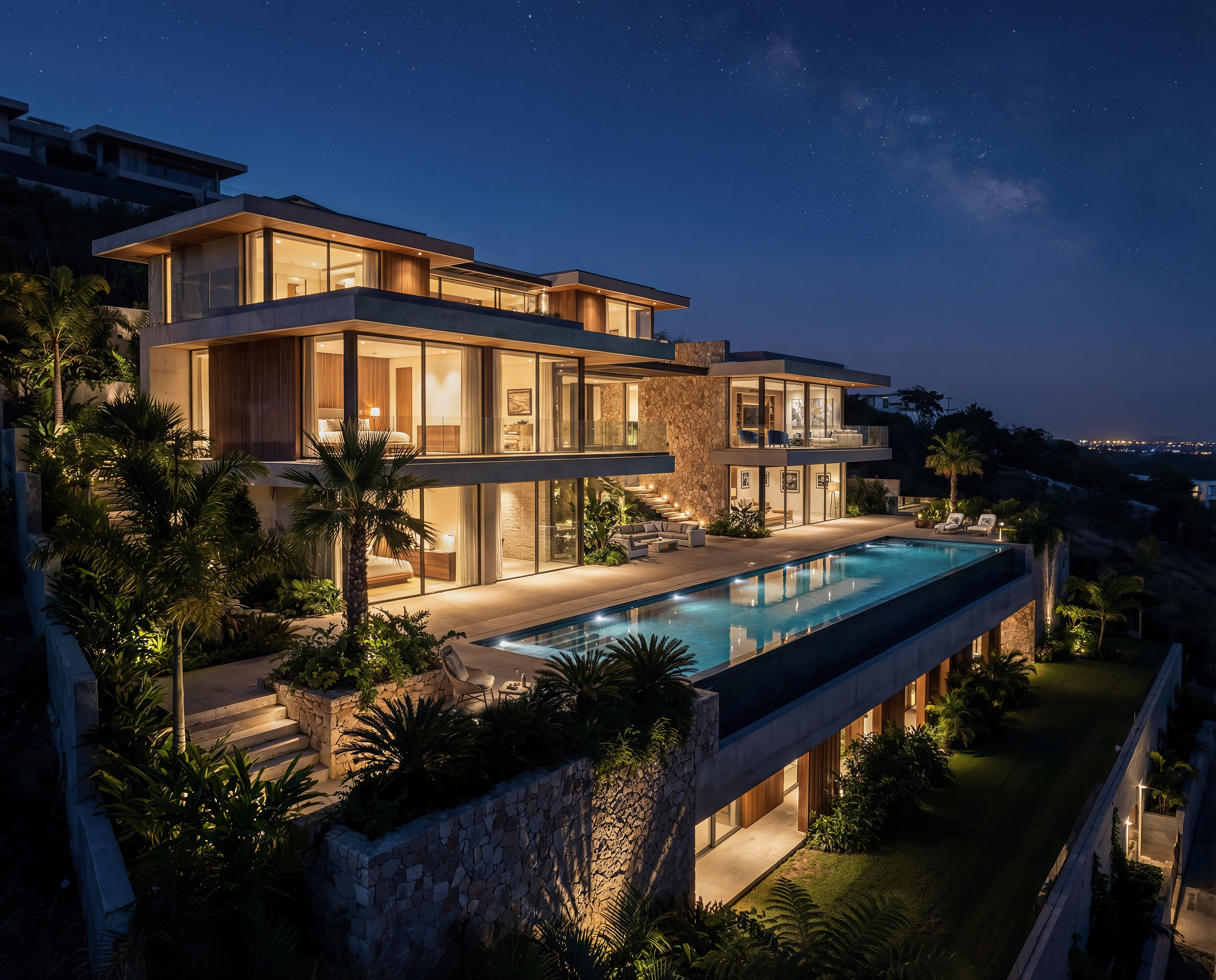 Contemporary hillside villa at night with illuminated terraces and pool